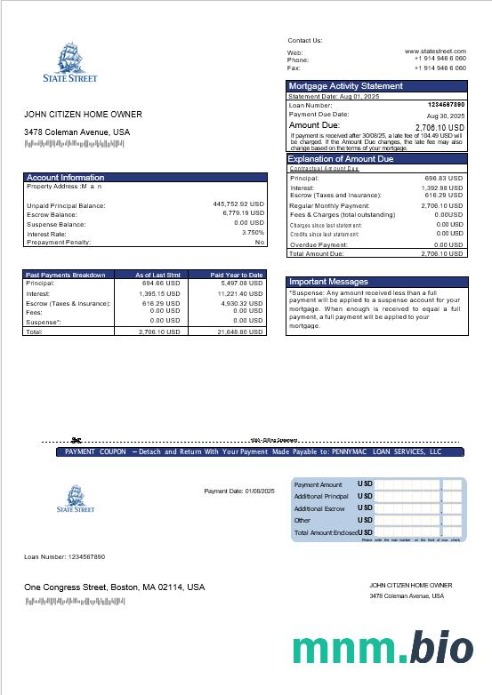 USA State Street Corporation wyciąg z kredytu hipotecznego w formatach Word i PDF